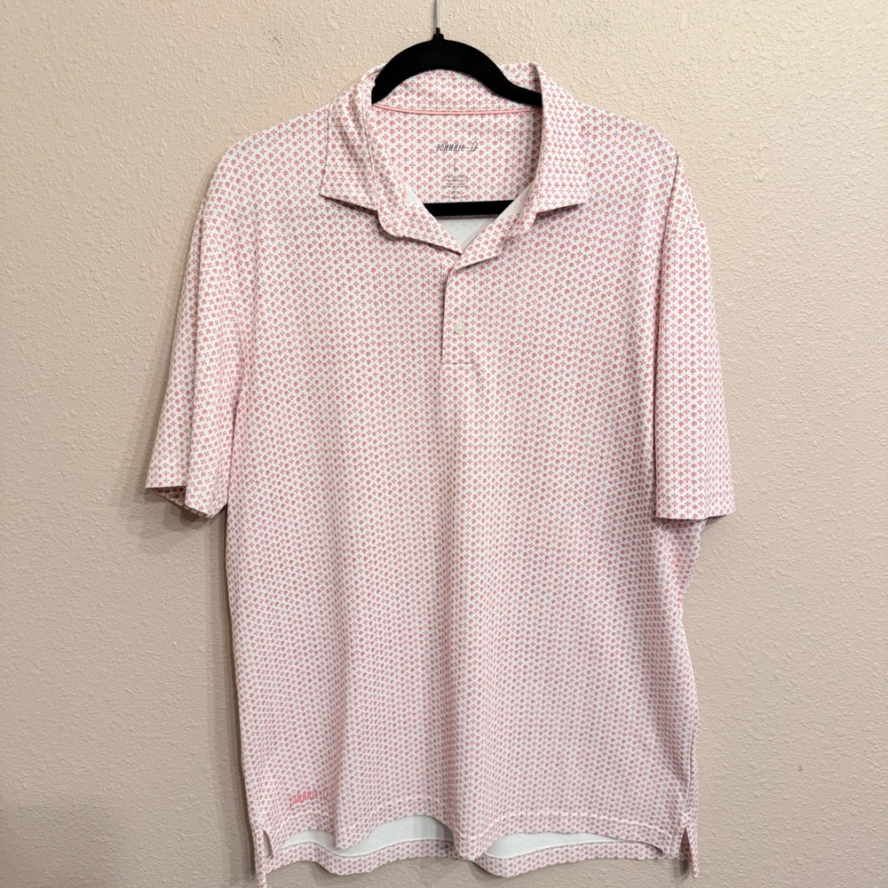 Johnnie-O Mens Pink White Geometric Performance Polo Shirt UPF 50 Large
